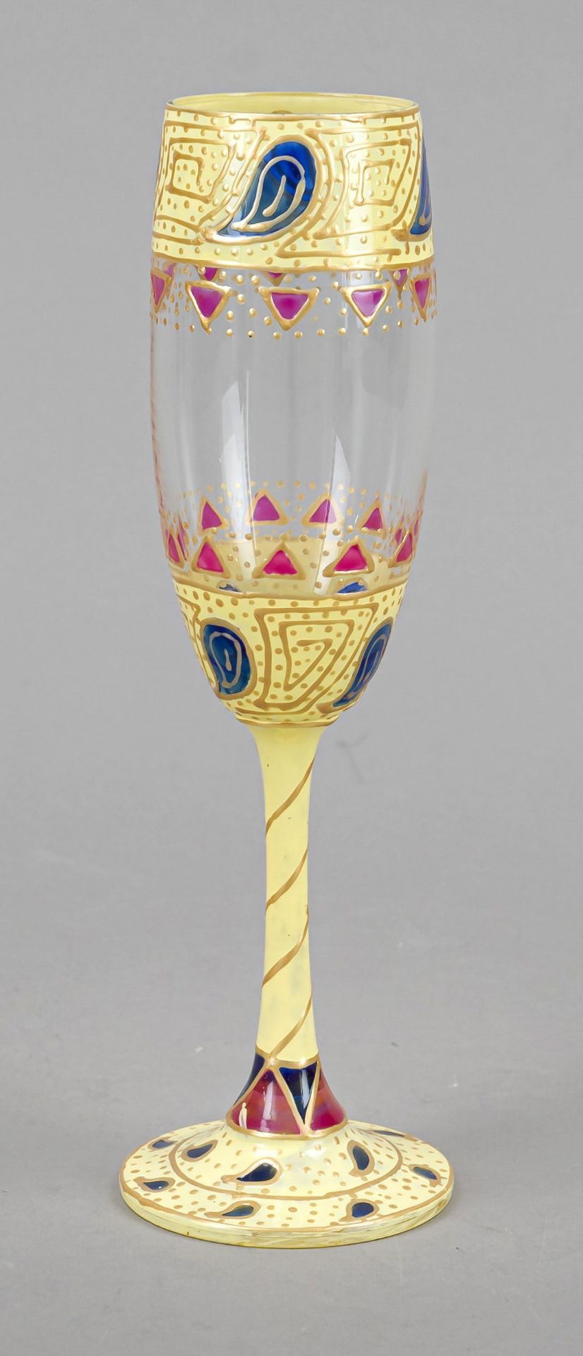 Champagne flute, 20th century, round base, slender stem, slender dome, clear glass with cold