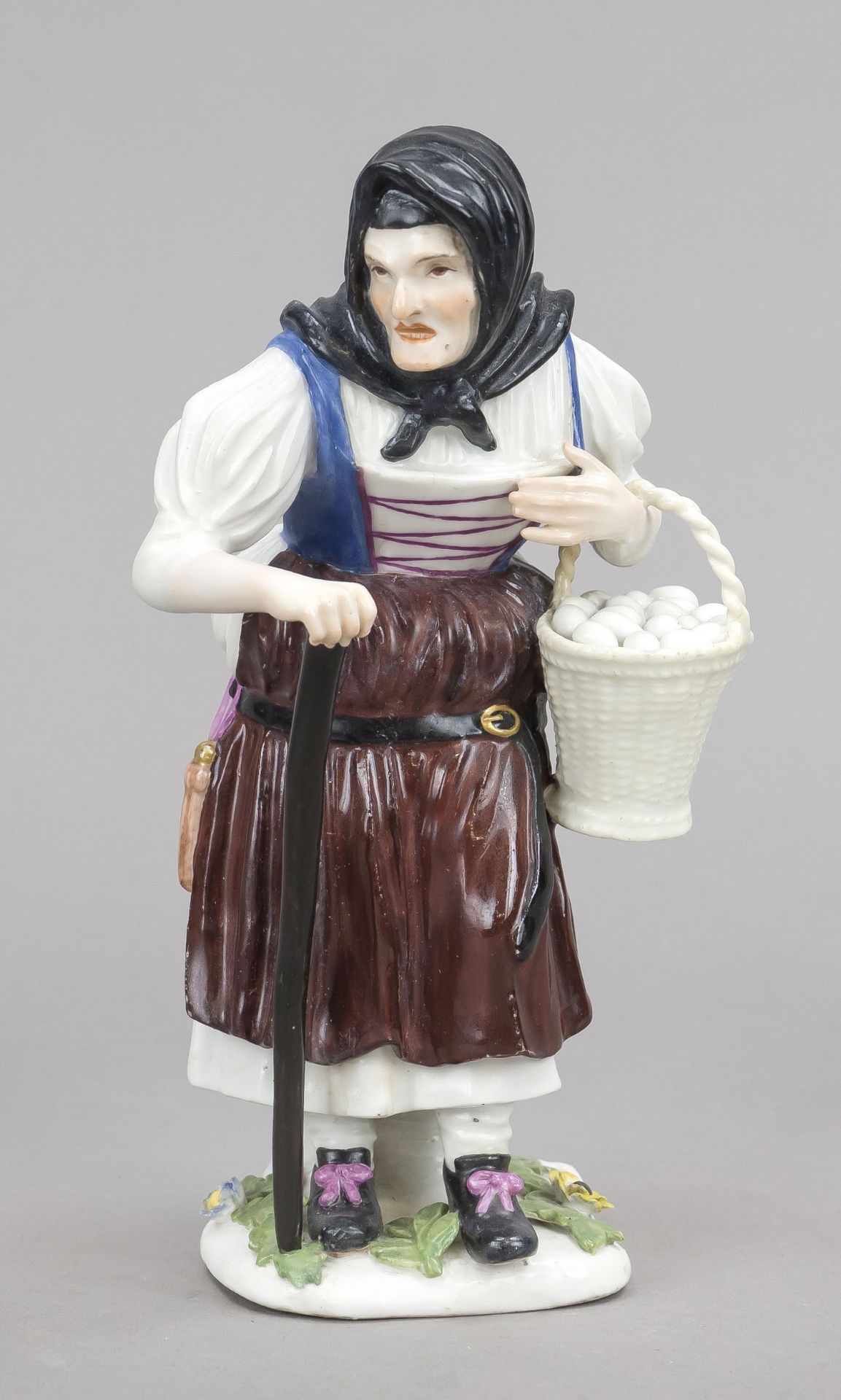 Egg seller, Meissen, c. 1740, model by Johann Joachim Kaendler from 1737, peasant woman with