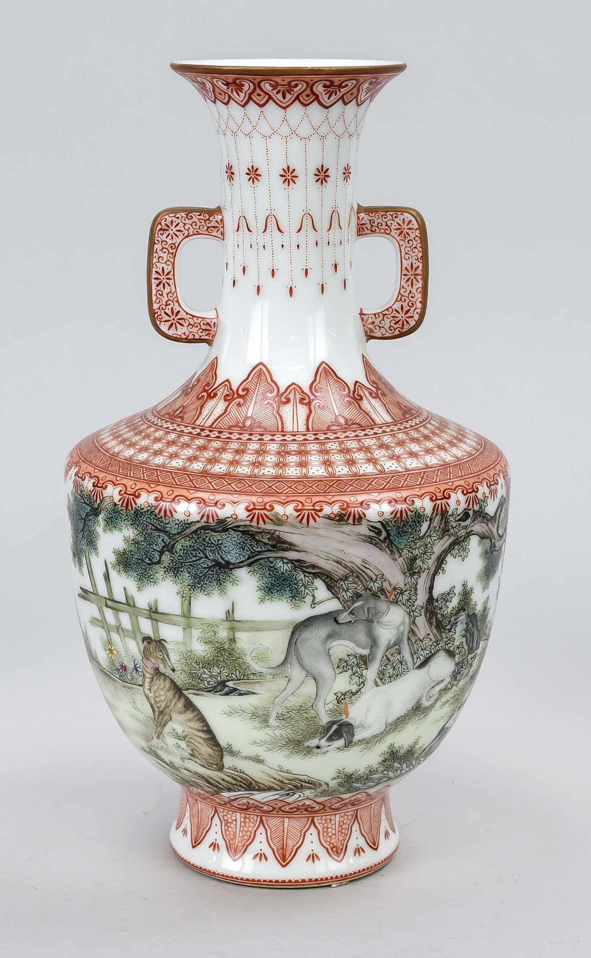 Vase with dogs, China, probably Republic period. Shouldered form with slightly retracted neck and - Image 2 of 3