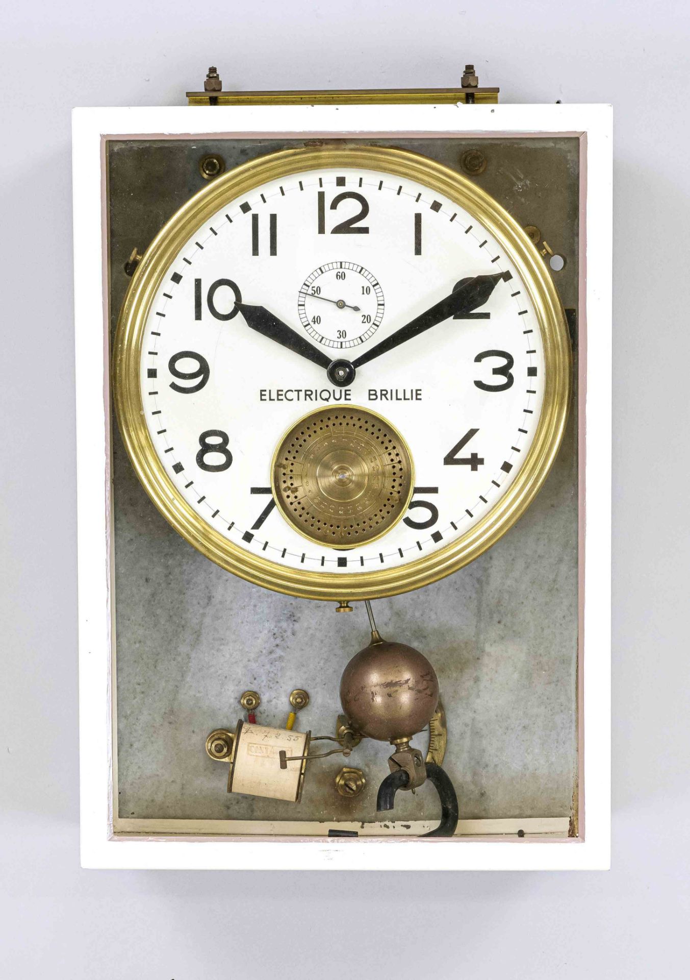 Wall clock Electrique Brillie, in a glazed white metal case, around 1890, marble back with screwed-