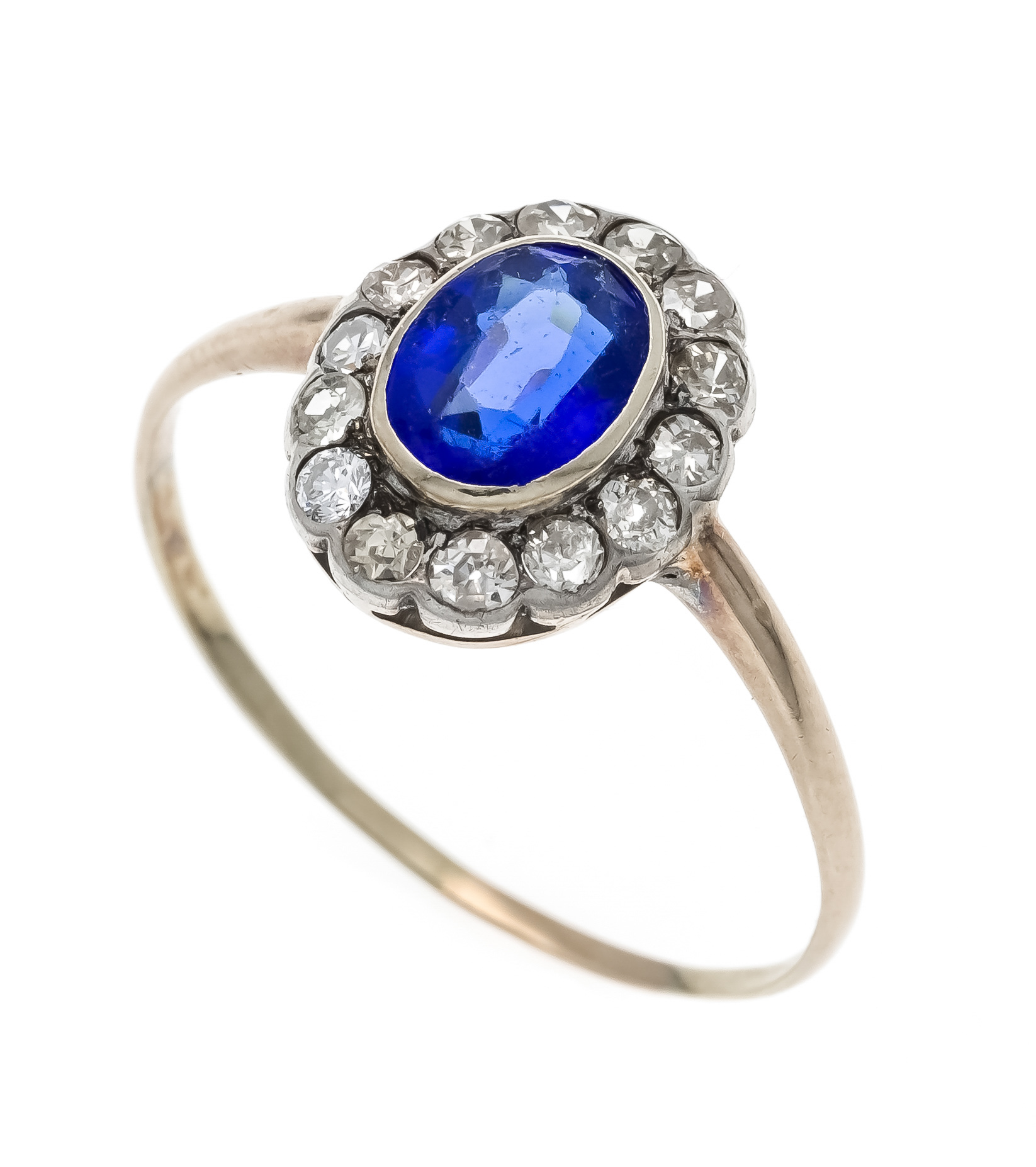 Old-cut diamond ring GG/WG 585/000 with an oval faceted blue gemstone 6.7 x 5.3 mm facets cut and 12