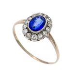 Old-cut diamond ring GG/WG 585/000 with an oval faceted blue gemstone 6.7 x 5.3 mm facets cut and 12