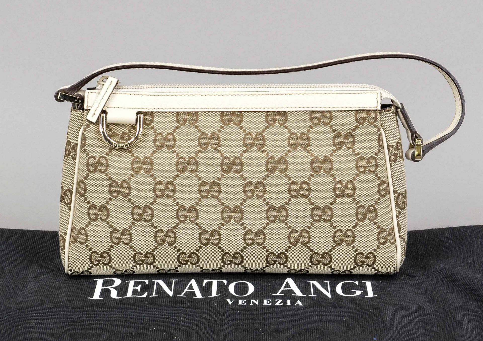 Gucci, Monogram Canvas D-Ring Cosmetic Case, sand-colored canvas with GG Supreme logo in repeat