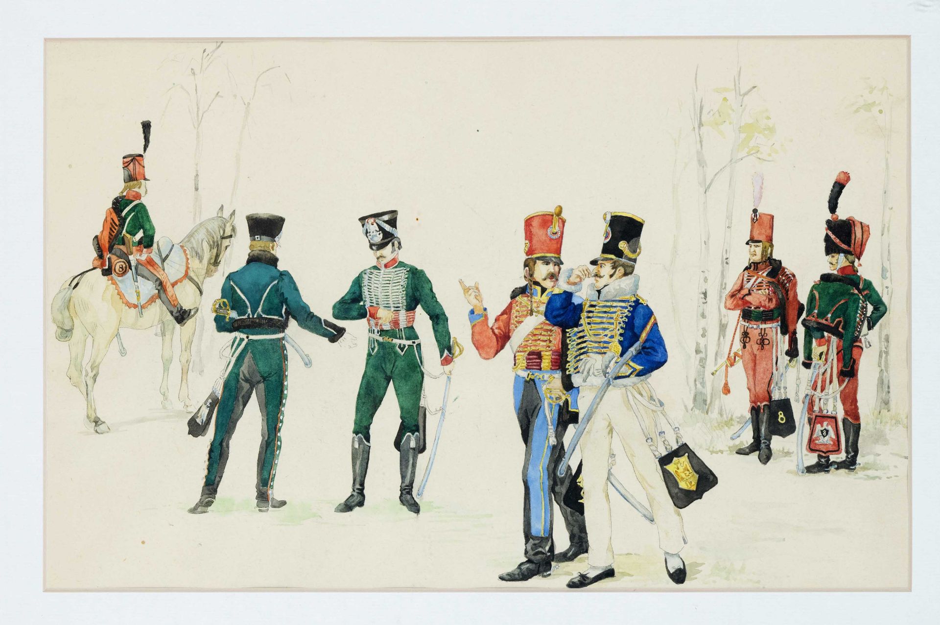 19th century illustrator, two military watercolors documenting various troop uniforms, watercolor