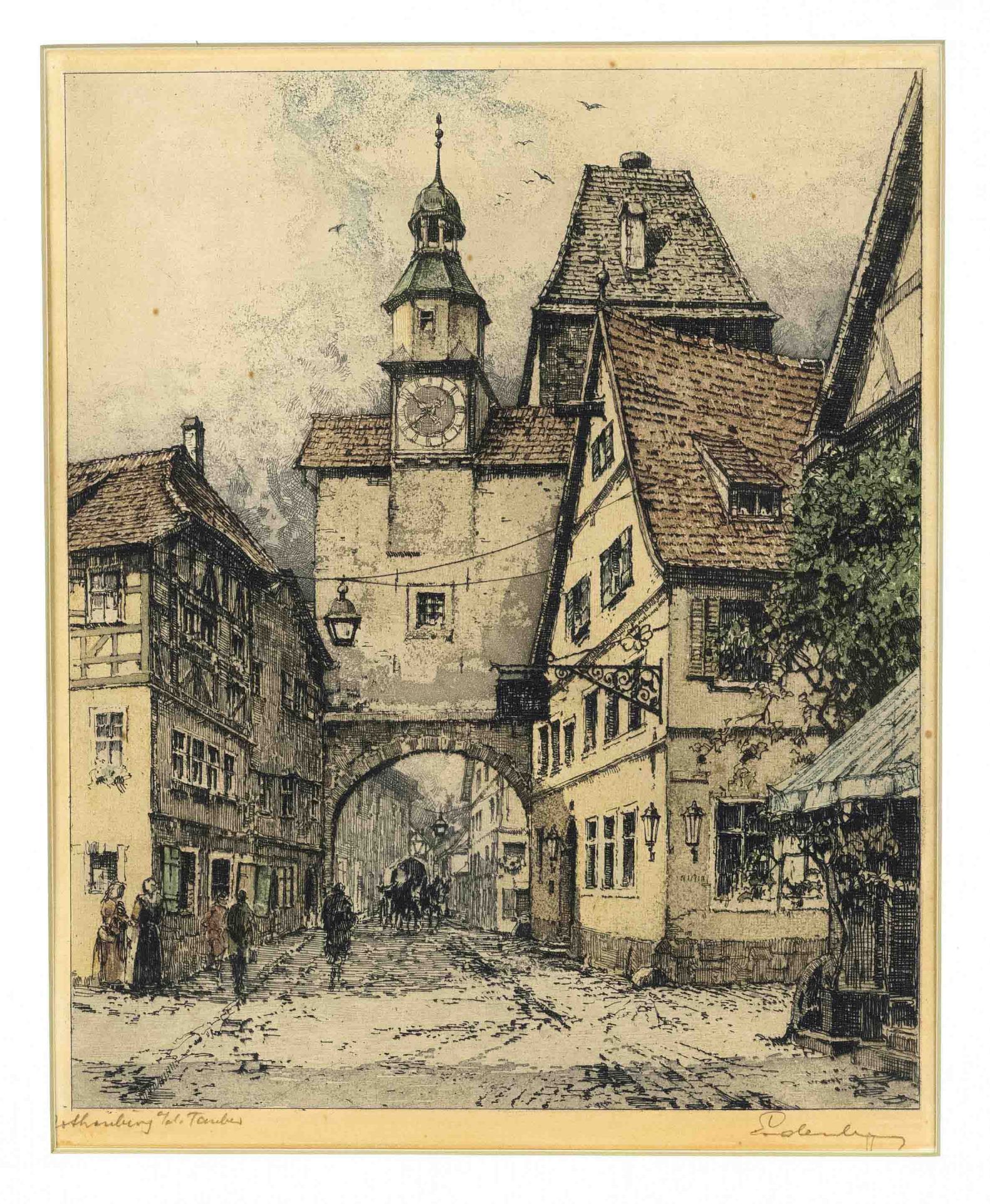 Josef Eidenberger (1899-1991), two views of Rothenburg ob der tauber, color aquatint etchings,