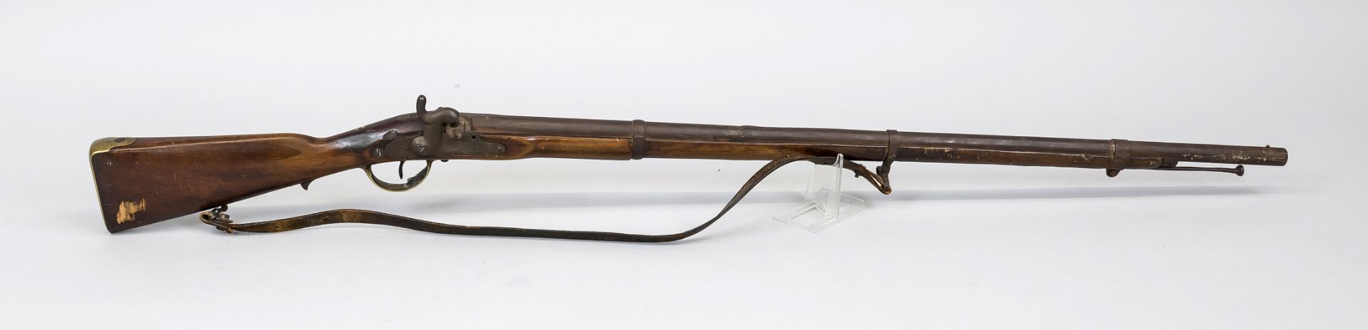 Percussion rifle, 19th century, walnut stock, lock and barrel with various probably milit.