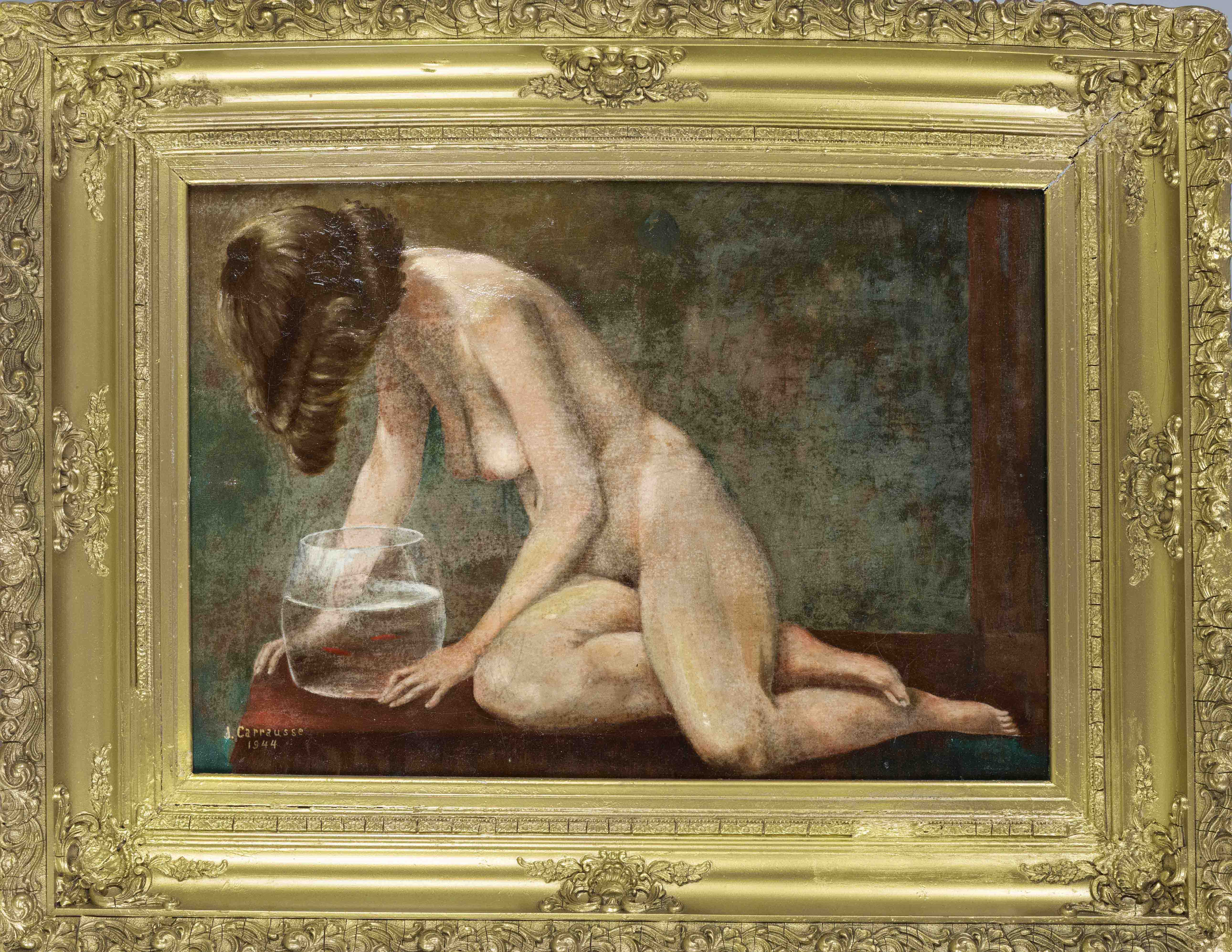 signed Carrausse, French painter c. 1900, female nude with goldfish bowl, oil on canvas, signed