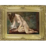 signed Carrausse, French painter c. 1900, female nude with goldfish bowl, oil on canvas, signed