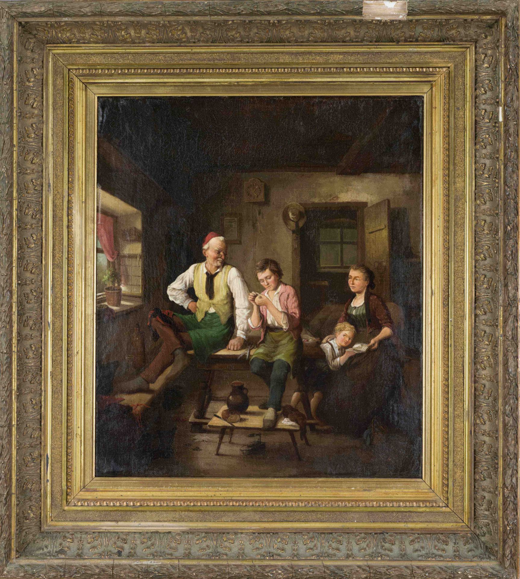 Anonymous painter of the Düsseldorf School 2nd half 19th century, Interior with family doing