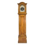 Oak longcase clock, marked '' Hunter Jun. London 1785'', with curved head, brass dial with applied