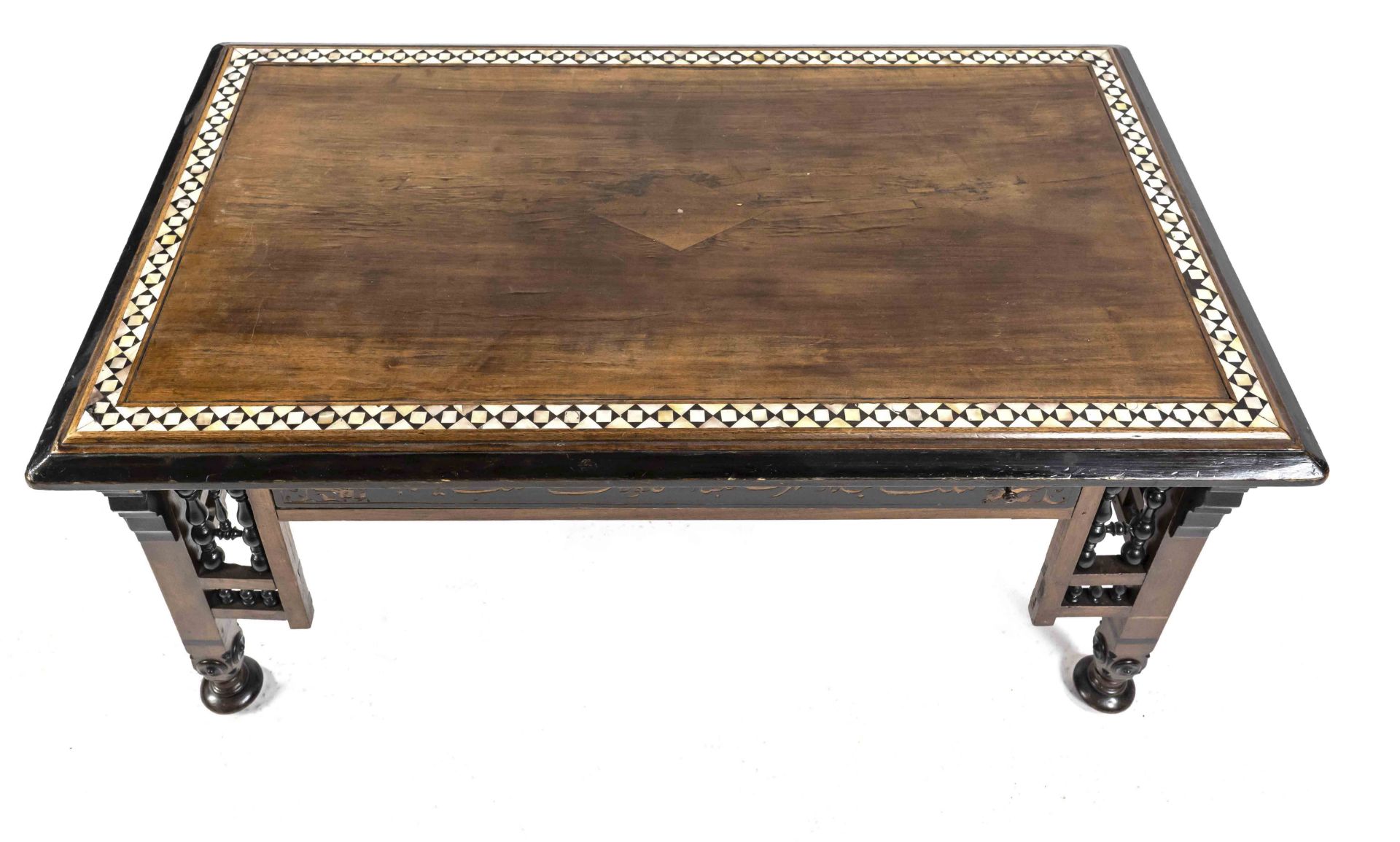 Oriental coffee table with mother-of-pearl inlays, circa 1900, walnut, partially ebonized, - Image 2 of 2