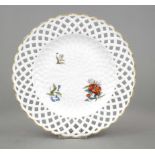 Breakthrough plate, Meissen, 18th century, 1st choice, surface with basket relief, pierced rim,