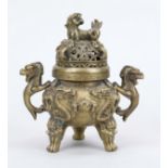 Censer, China 20th century, brass/bronze. Tripod with relief decoration, dragon handles. Openwork