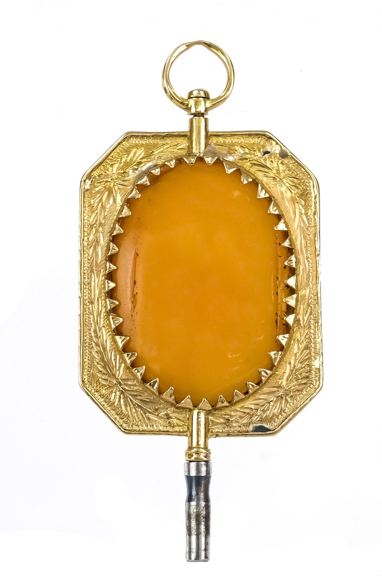 antique pocket watch key, GG 750/000, 19th century, with amber butterscotch, length 6.5cm, total