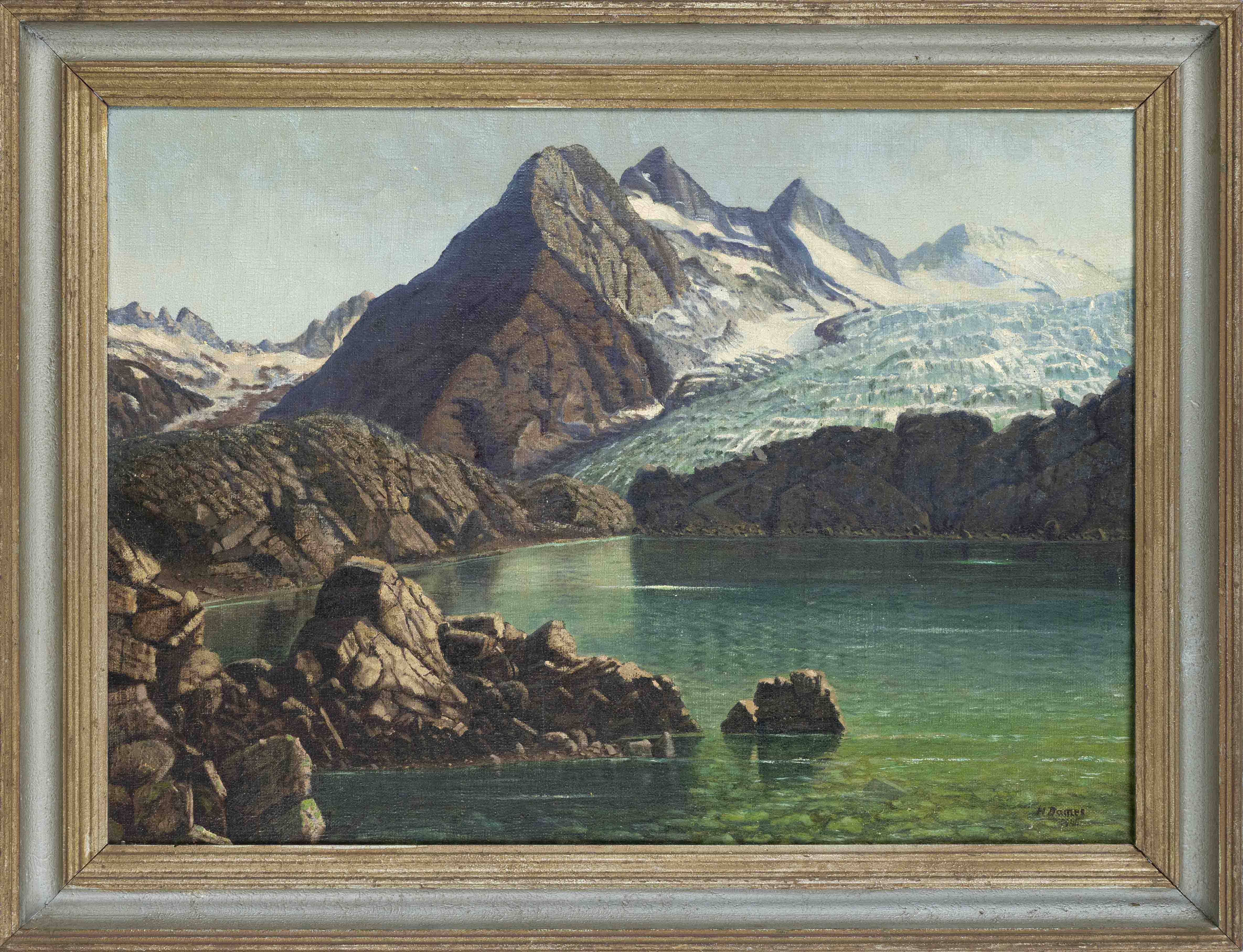 signed H. Dames, landscape painter c. 1940, Alpine landscape with lake and glacier, oil on canvas,