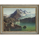 signed H. Dames, landscape painter c. 1940, Alpine landscape with lake and glacier, oil on canvas,