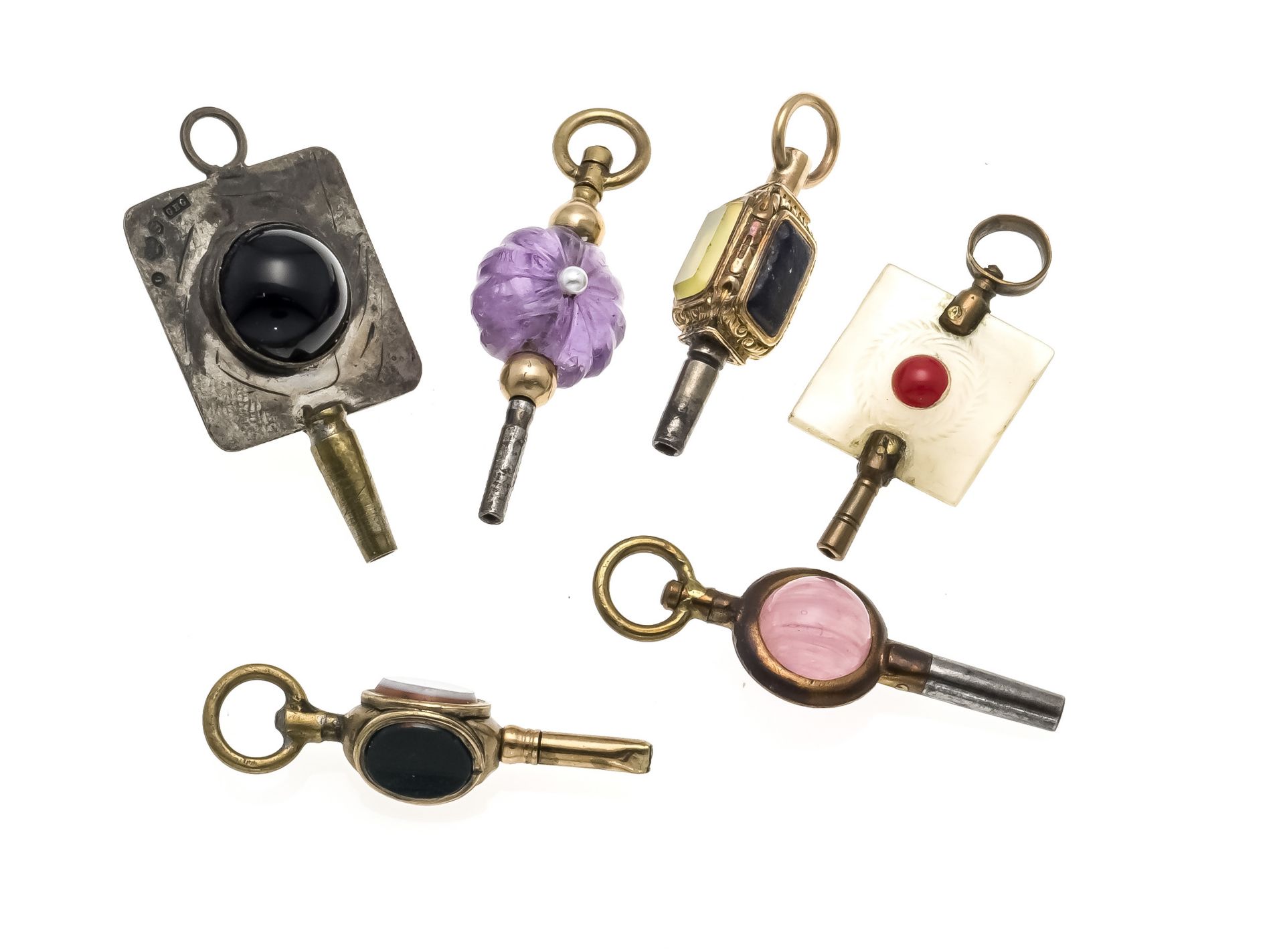 6 antique pocket watch keys, 19th century, gold-plated, with up to 3 stones in the head, amethyst,