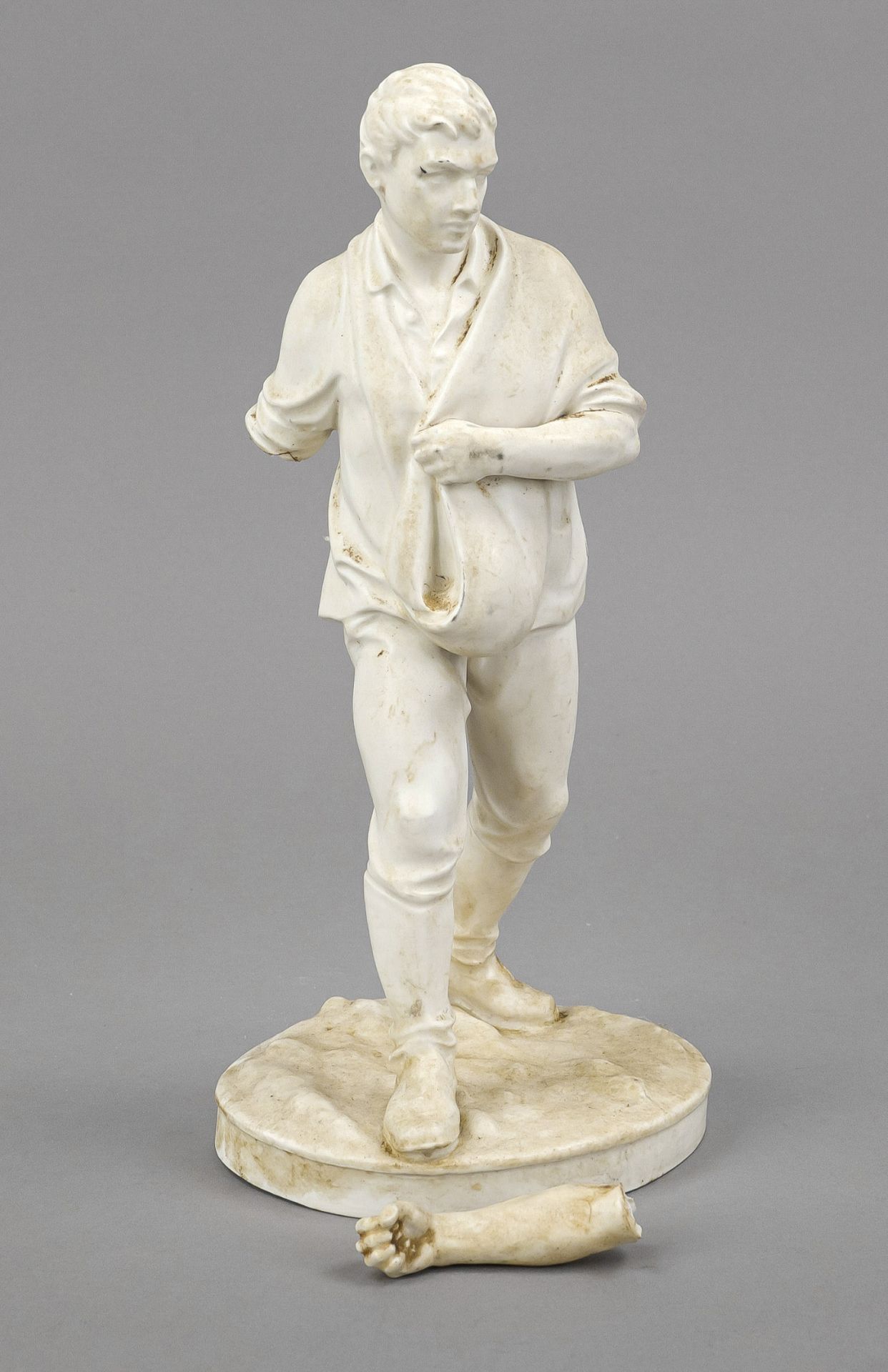 Sower, Katzhütte, green stamp mark, 1920/30s, model no. 12, white ceramic of a striding young man