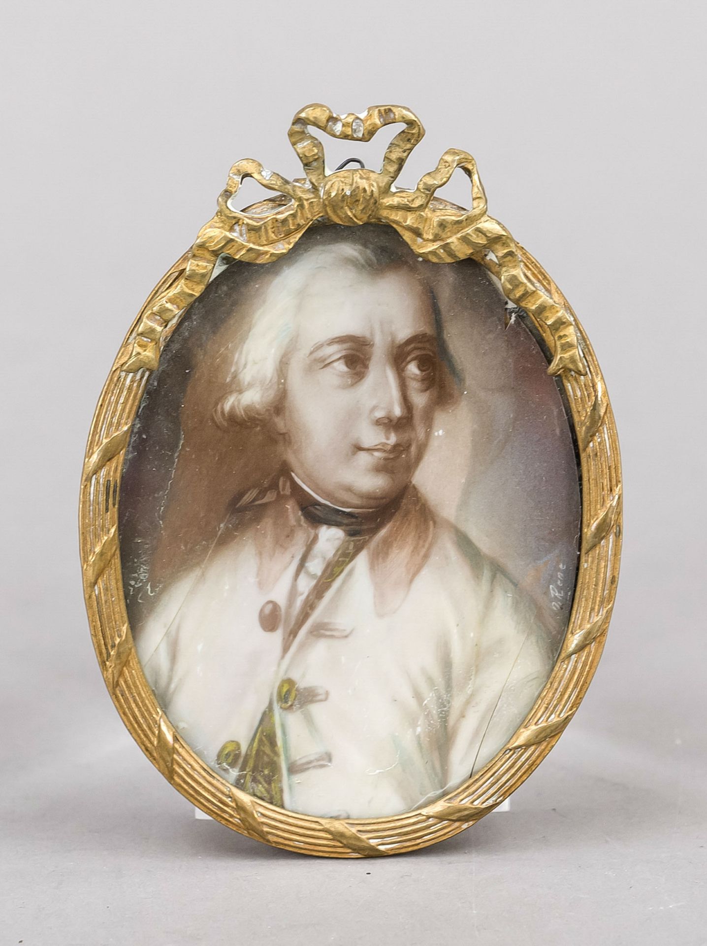 Miniature, 19th century, polychrome tempera painting on bone plate, unopened, oval portrait of Baron