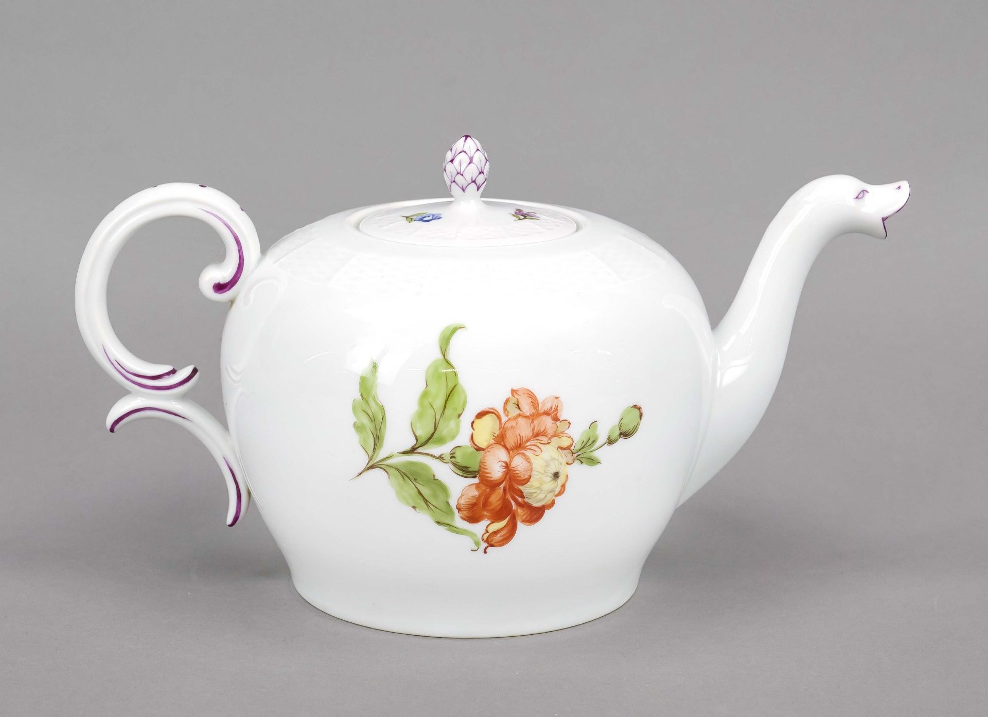 Teapot, Nymphenburg, mark 1925-75, basket relief rim, spout in the shape of a mythical creature, - Image 2 of 2