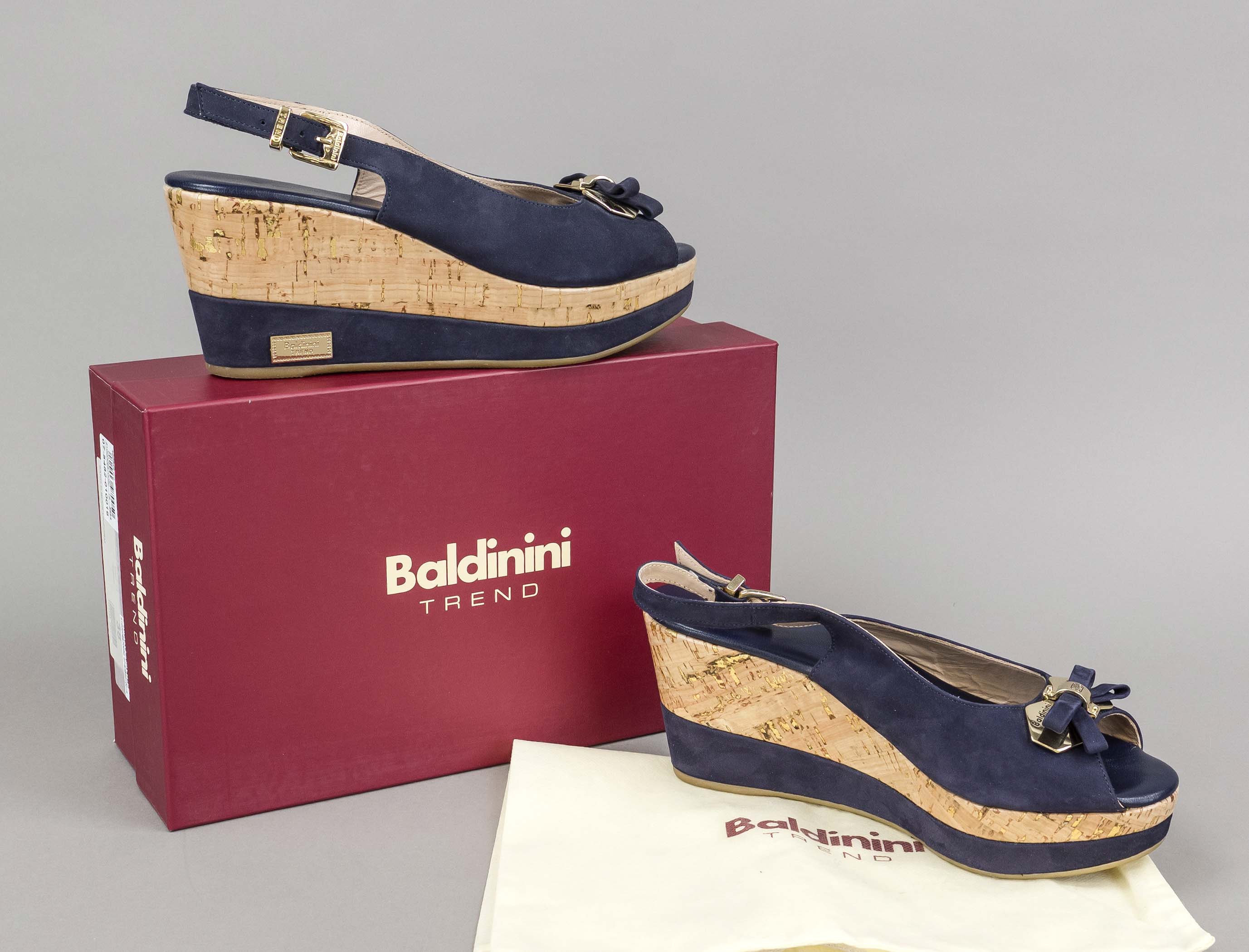 Baldinini, platform wedge sandals, soft dark blue suede and other materials, attached bow with