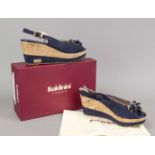 Baldinini, platform wedge sandals, soft dark blue suede and other materials, attached bow with