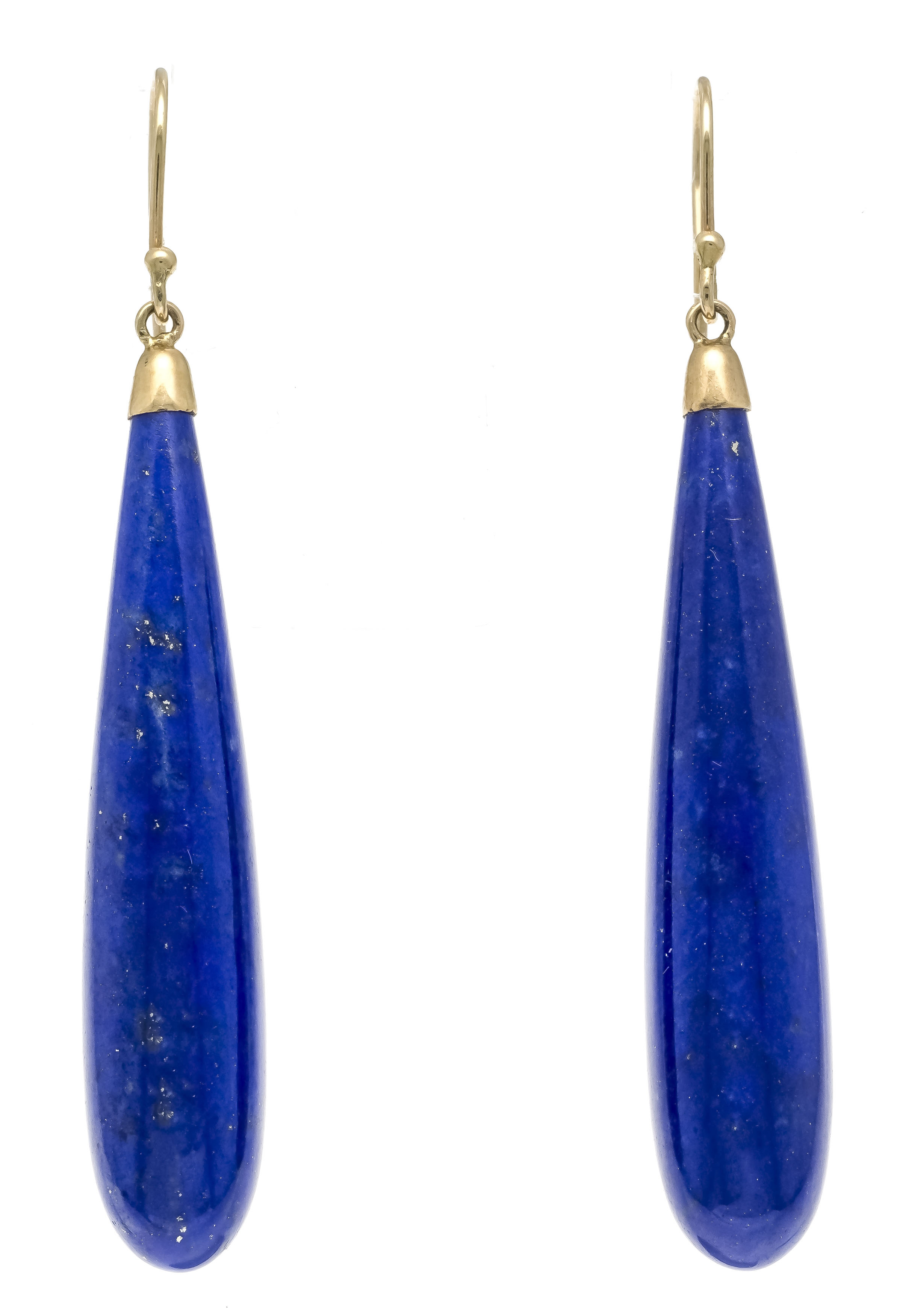 Lapis lazuli ear pendant GG 585/000 with 2 fine lapis lazuli pompoms 43 x 9 mm, l. 60 mm, 11.1 g