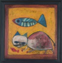 Giovanni Vetere (*1940), ital. Painter active in Eitorf a.d. Sieg, Cat with fish, oil on copper,