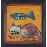 Giovanni Vetere (*1940), ital. Painter active in Eitorf a.d. Sieg, Cat with fish, oil on copper,