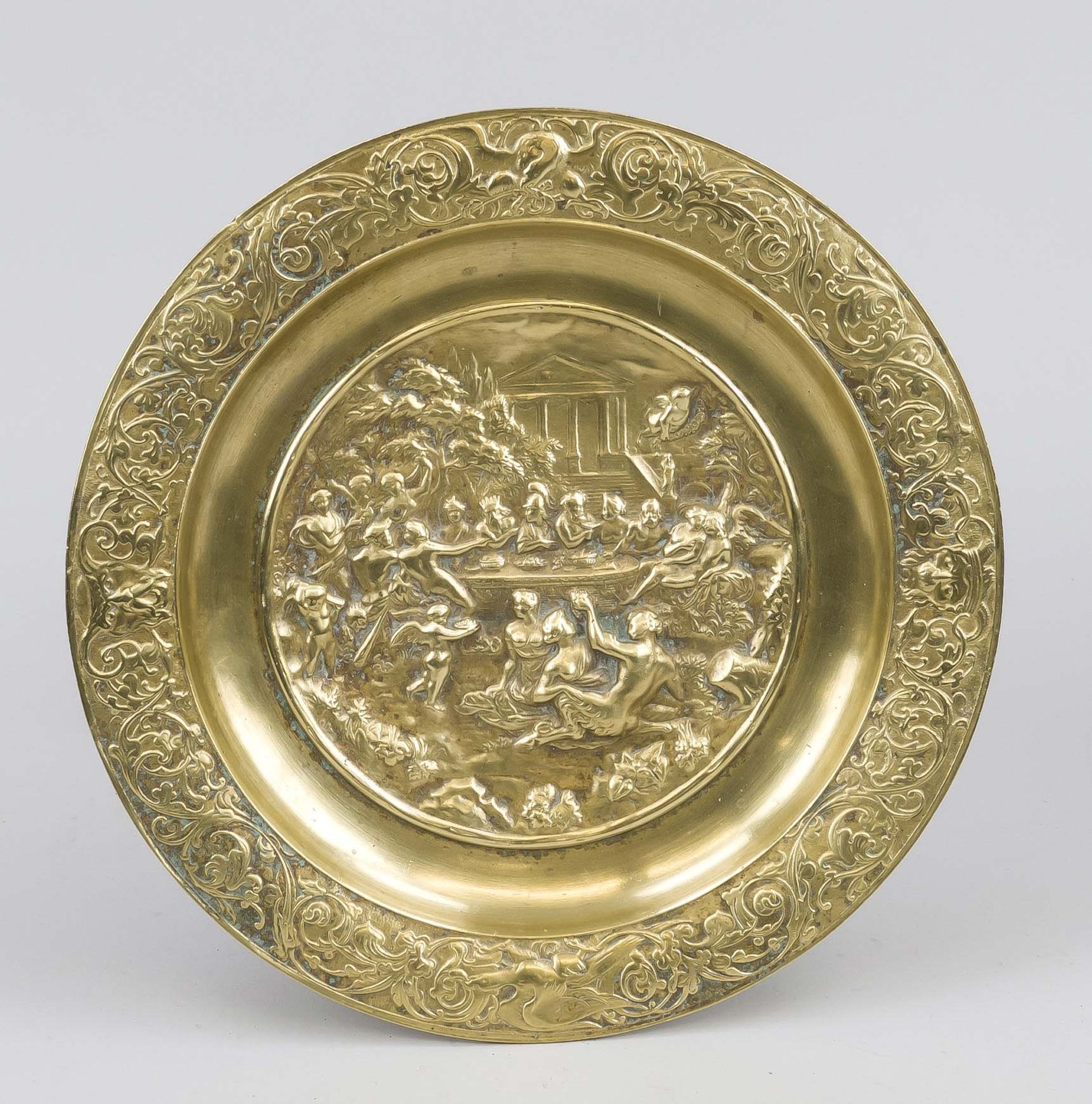 2 brass pieces, 19th century, large centerpiece, the mirror with a relief scene depicting the - Image 2 of 2