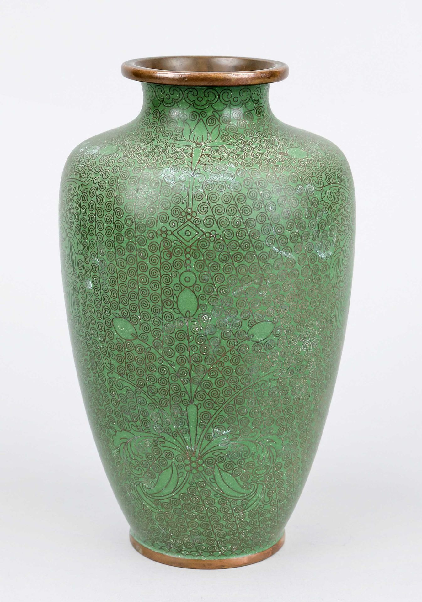 Cloisonné vase, Japan, c. 1900, monochrome, apple-green ground with ornamental and floral wire