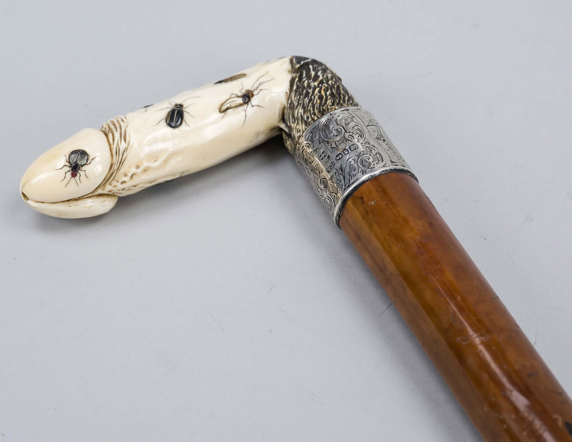 Walking stick with Shibayama handle in the shape of a phallus, Japan c. 1900 (Meiji), ivory inlaid - Image 3 of 4