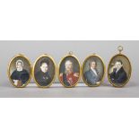 Five medallion miniatures, 1st half of the 20th century, each polychrome tempera painting over print
