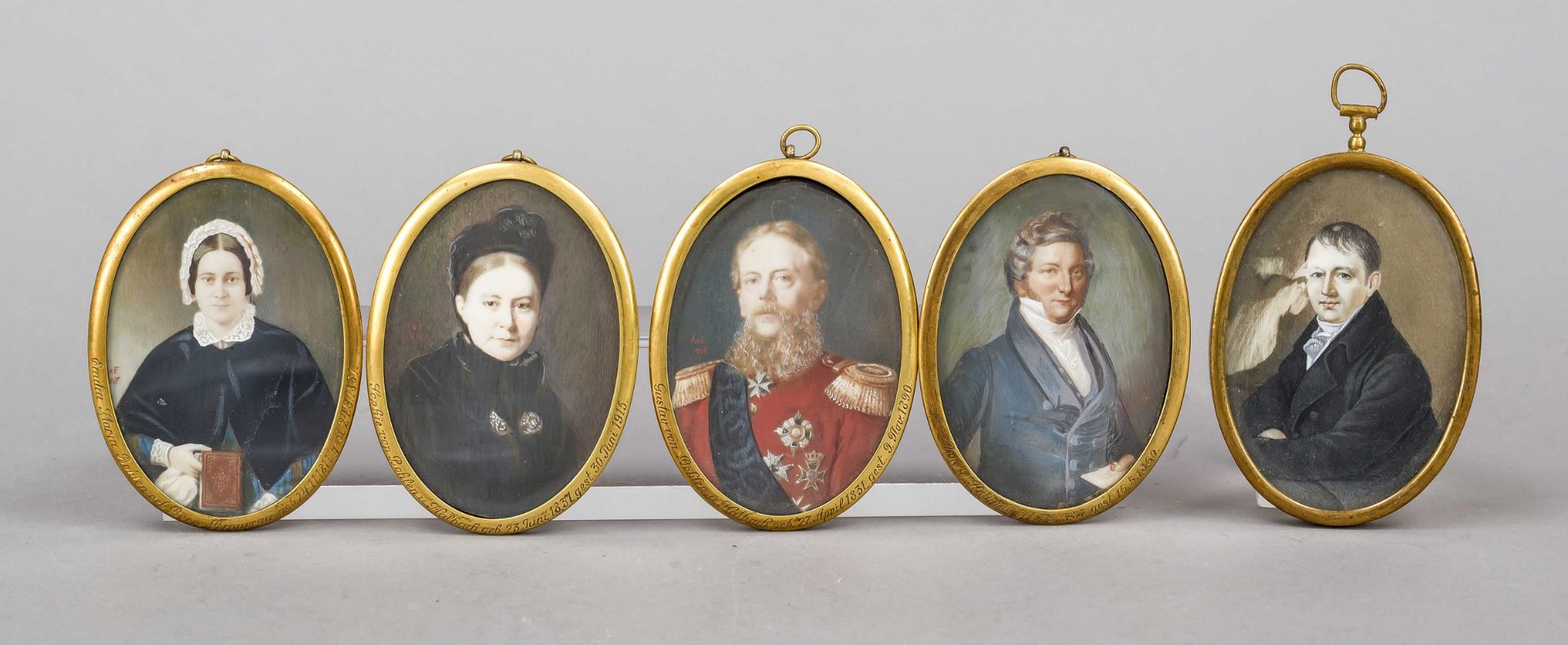 Five medallion miniatures, 1st half of the 20th century, each polychrome tempera painting over print