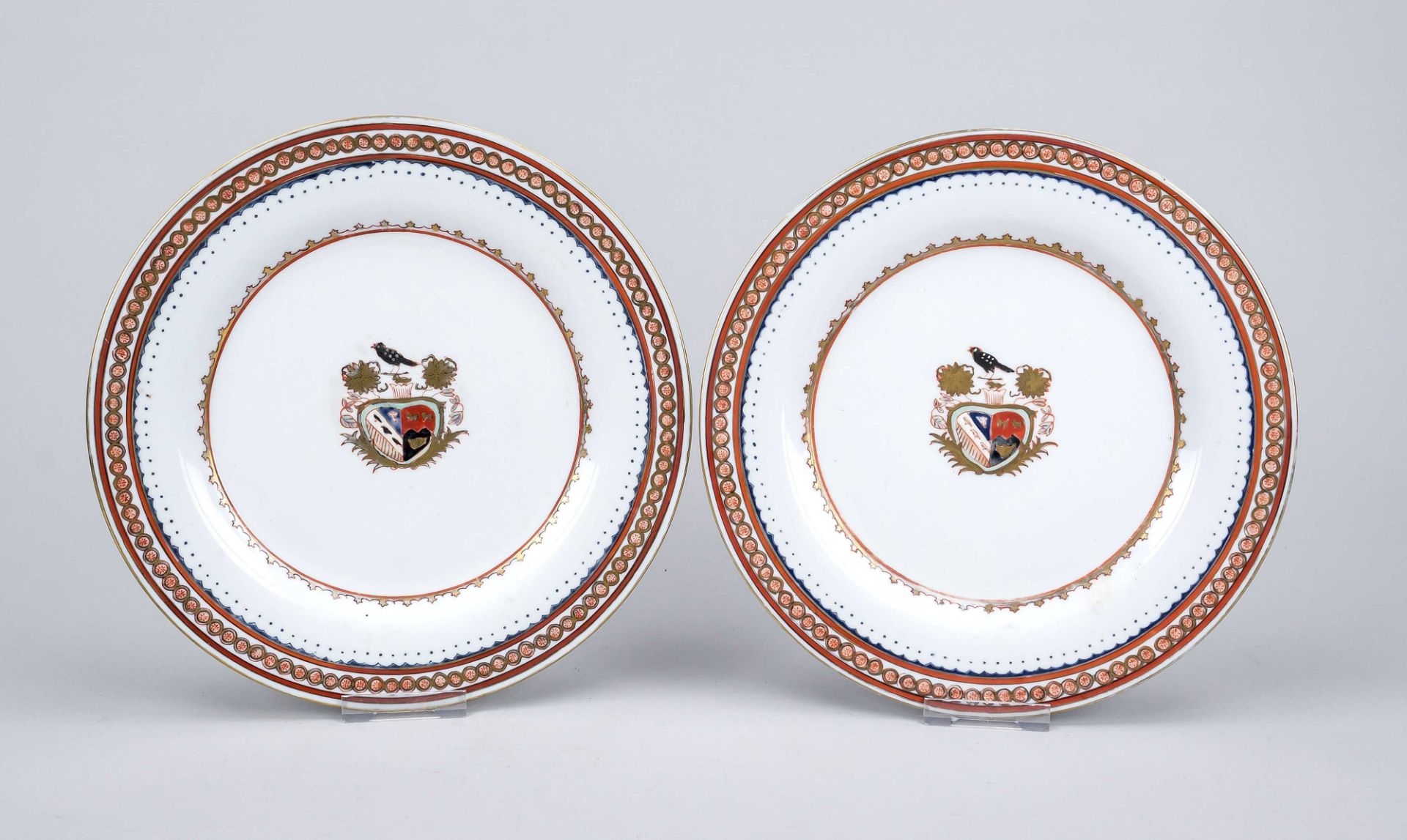 A pair of Armorial ware plates, China 19th century? Each marked ''1851 China'' in iron red under the