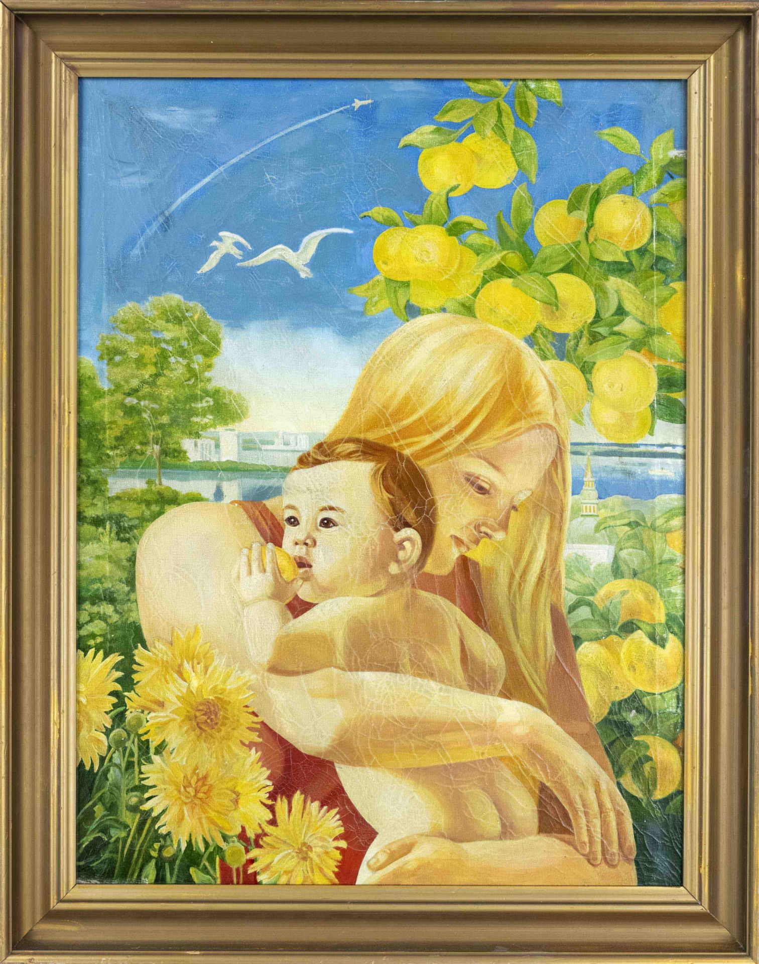 Claudia Kudryashova (1927-?), Russian painter, Mother with child in a park landscape against an