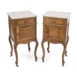 Pair of bedside/side cabinets, 19th century, oak, curved legs, body with door and drawer, white,
