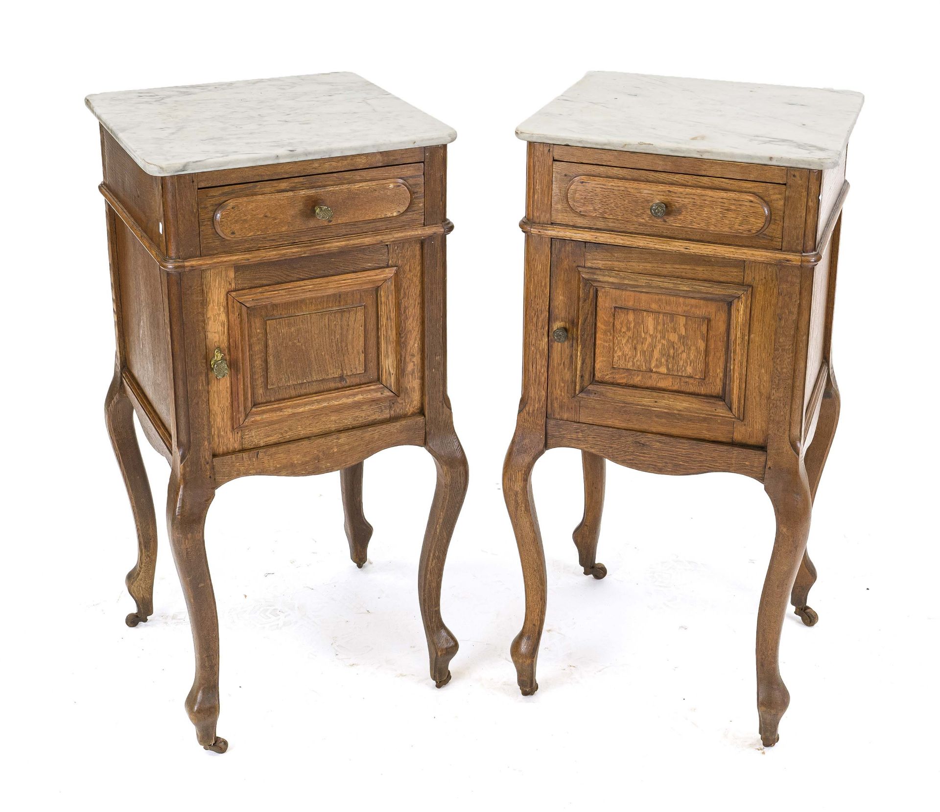 Pair of bedside/side cabinets, 19th century, oak, curved legs, body with door and drawer, white,