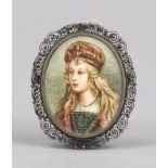 Oval miniature, Italian, early 20th century, polychrome tempera painting on bone plate. Young