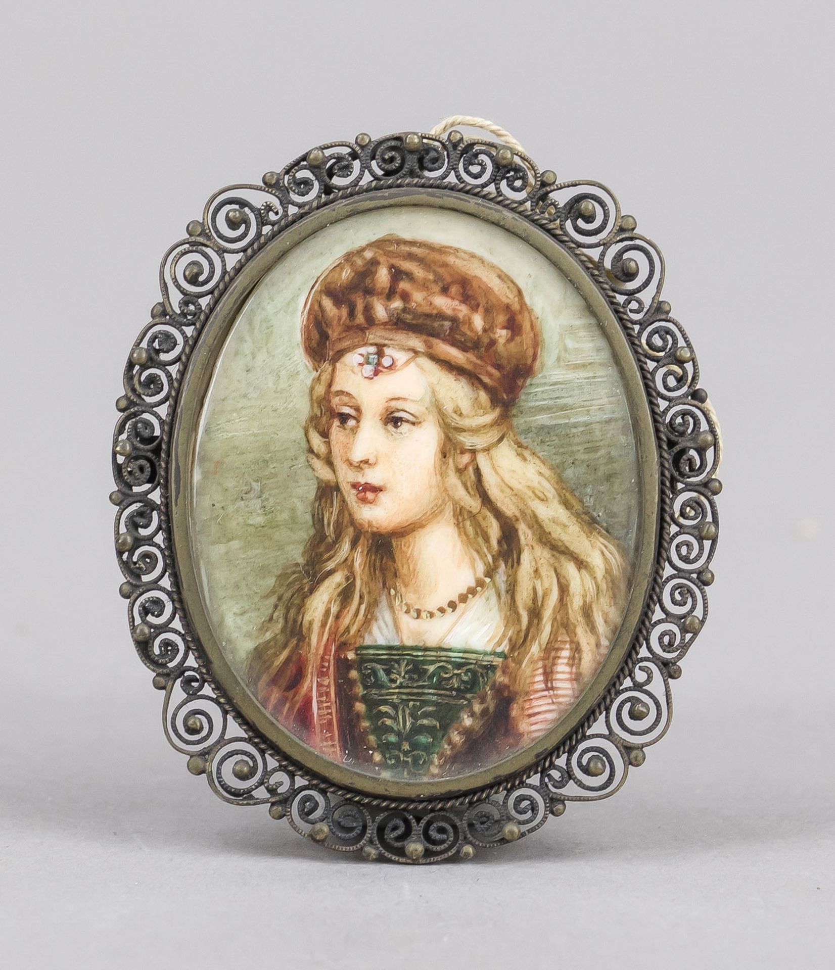 Oval miniature, Italian, early 20th century, polychrome tempera painting on bone plate. Young