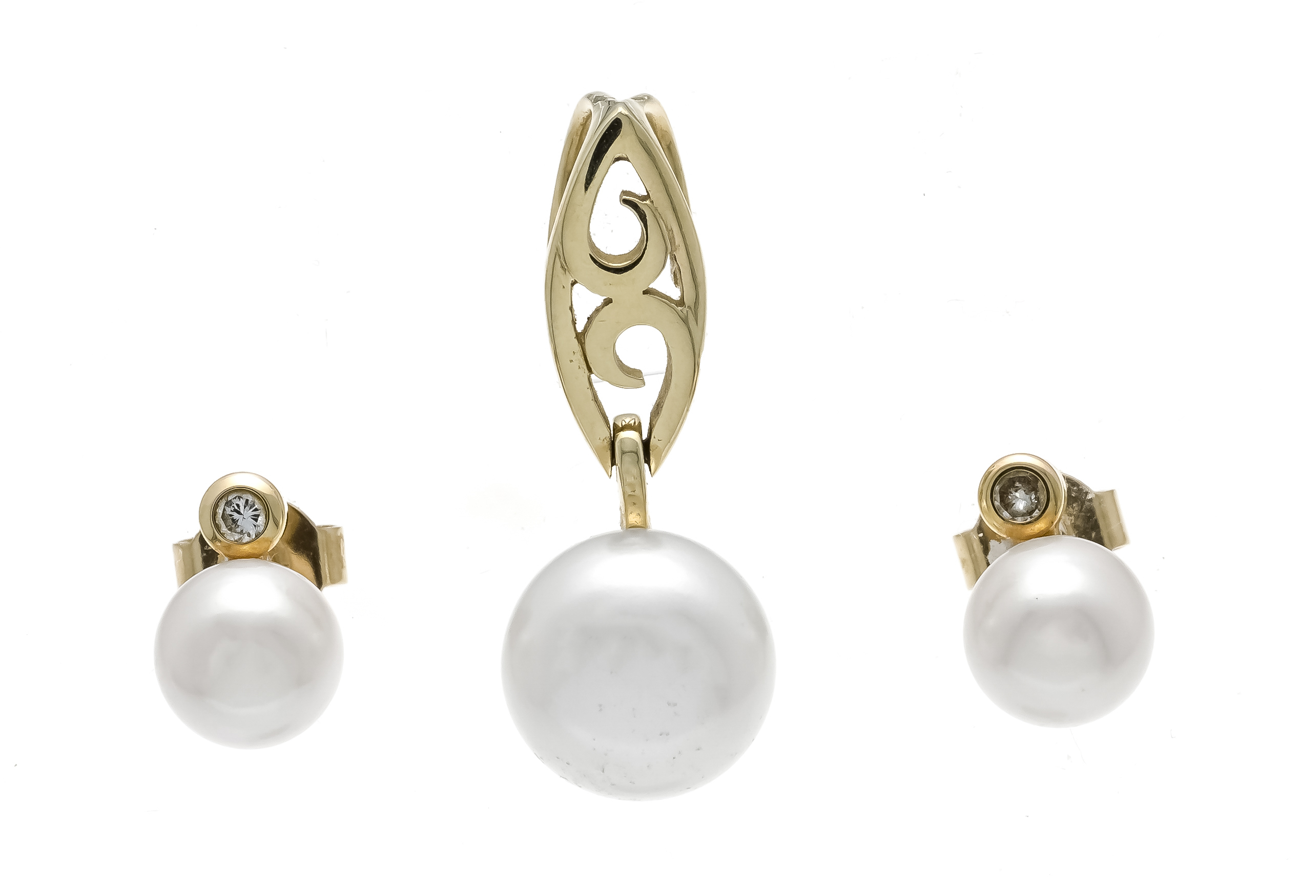 2-piece pearl set ear studs GG 375/000, each with an Akoya pearl 6.5 mm and a faceted white