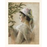 K. Herrmann, artist c. 1900, Girl decorating the Christmas tree, pastel chalk on light brown