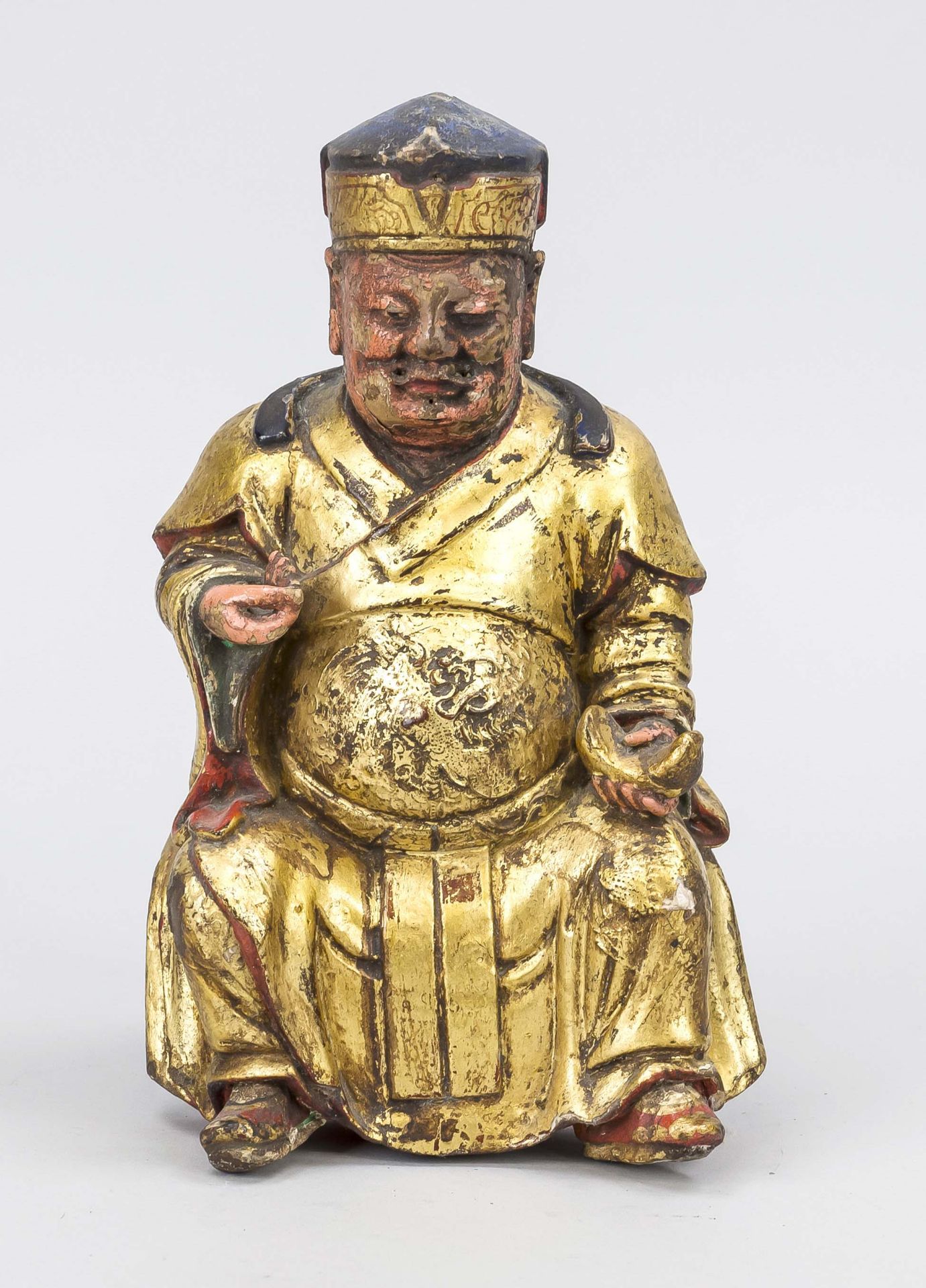 Figure of an official, China 17th/18th century, wood polychrome painted, gold lacquer, rubbed and
