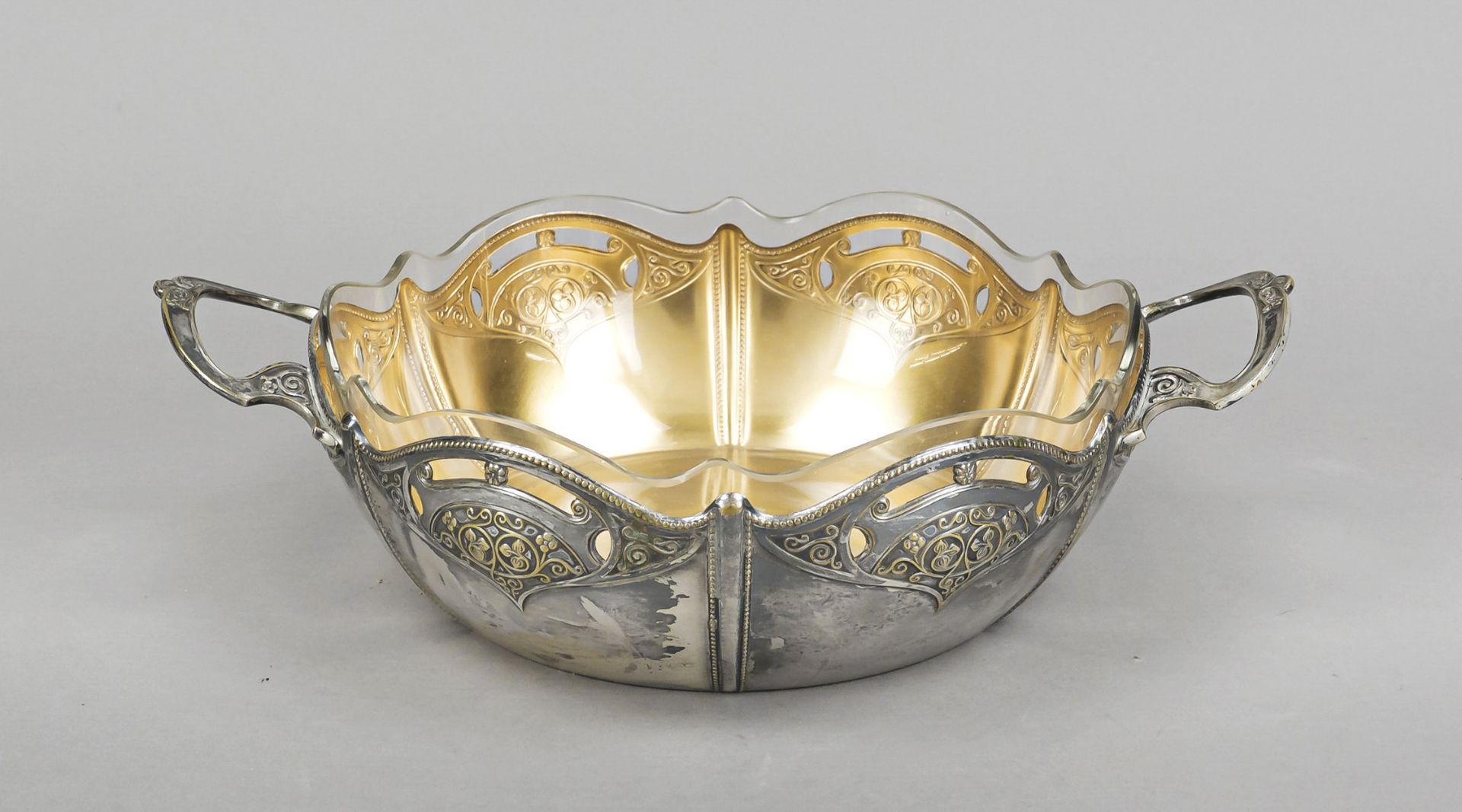 A round Art Nouveau bowl, German, c. 1900, maker's mark WMF, Geislingen, ostrich mark, plated,