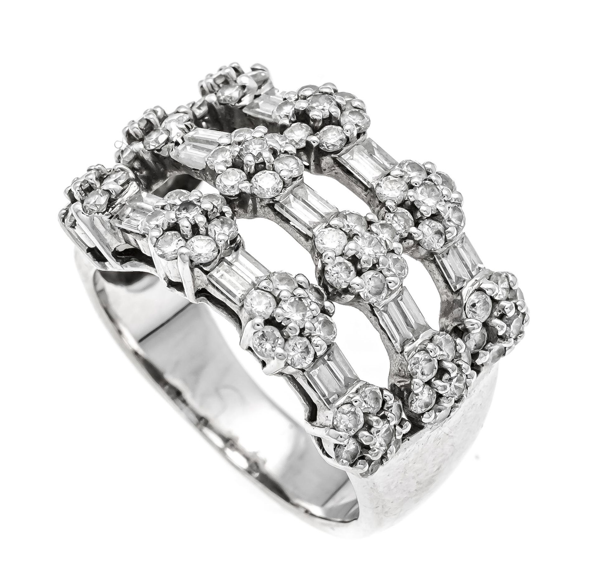 Diamond ring WG 750/000 with 84 brilliant-cut diamonds and 18 baguette-cut diamonds, total 1.20 ct