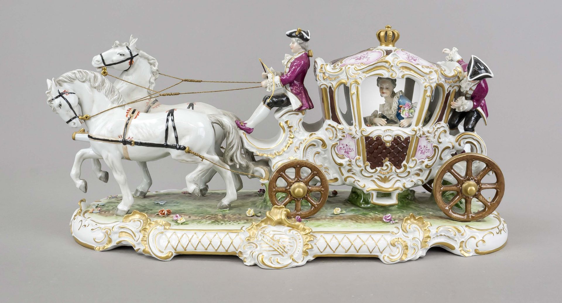Large carriage with two horses, Unterweißbach, Thuringia, 20th century, elegant lady in rococo dress