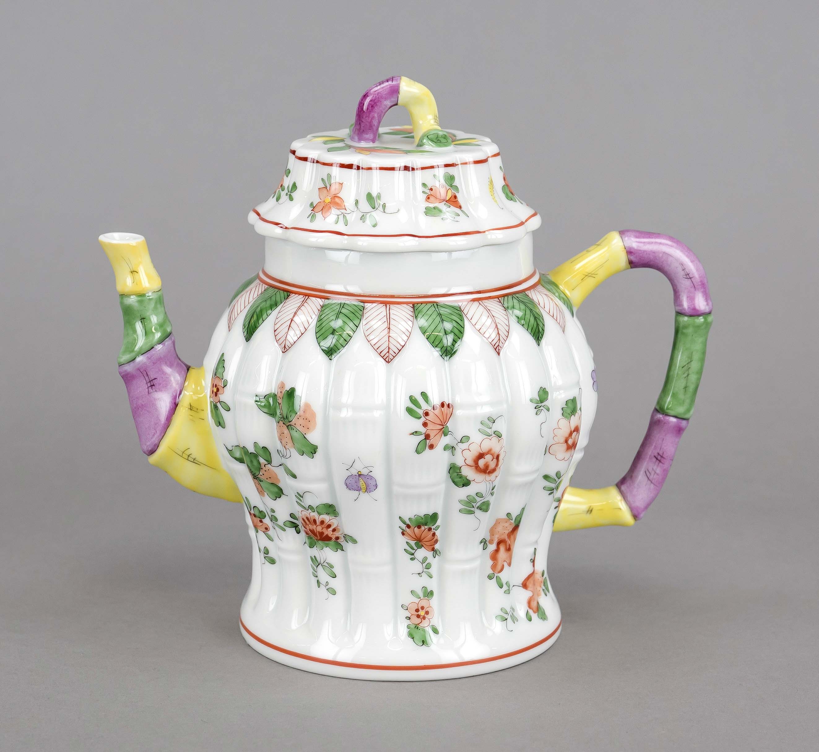 Teapot, Potschappel, Dresden, 20th century, bulbous form with bamboo cane relief, spout and handle