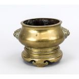 Censer on stand, China, probably 19th century Bellied shape with flattened rim, handles as lion