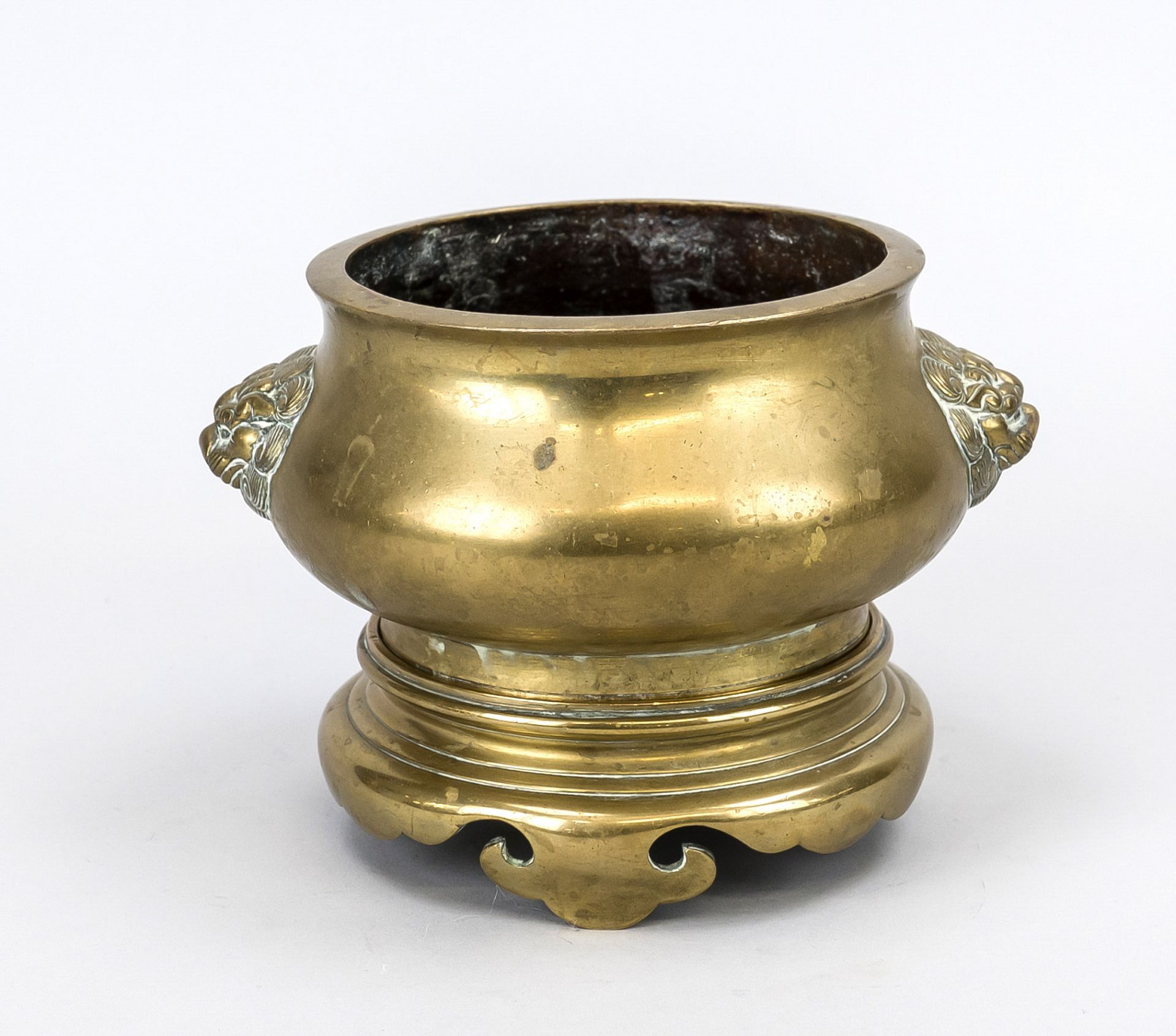 Censer on stand, China, probably 19th century Bellied shape with flattened rim, handles as lion