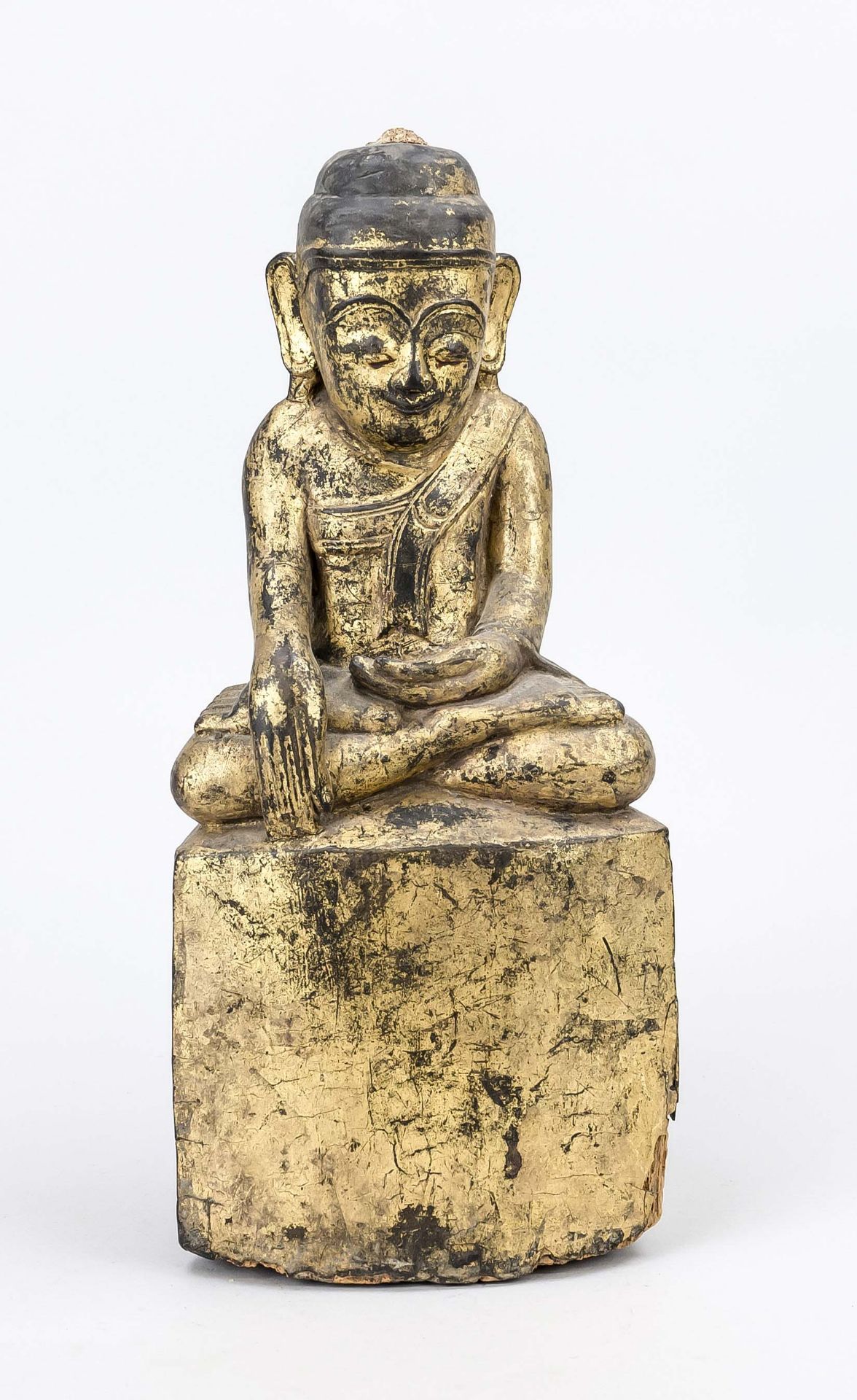 Buddha, Burma/Myanmar, probably 19th century, gilded wood/gold lacquer. Gilding heavily rubbed, base